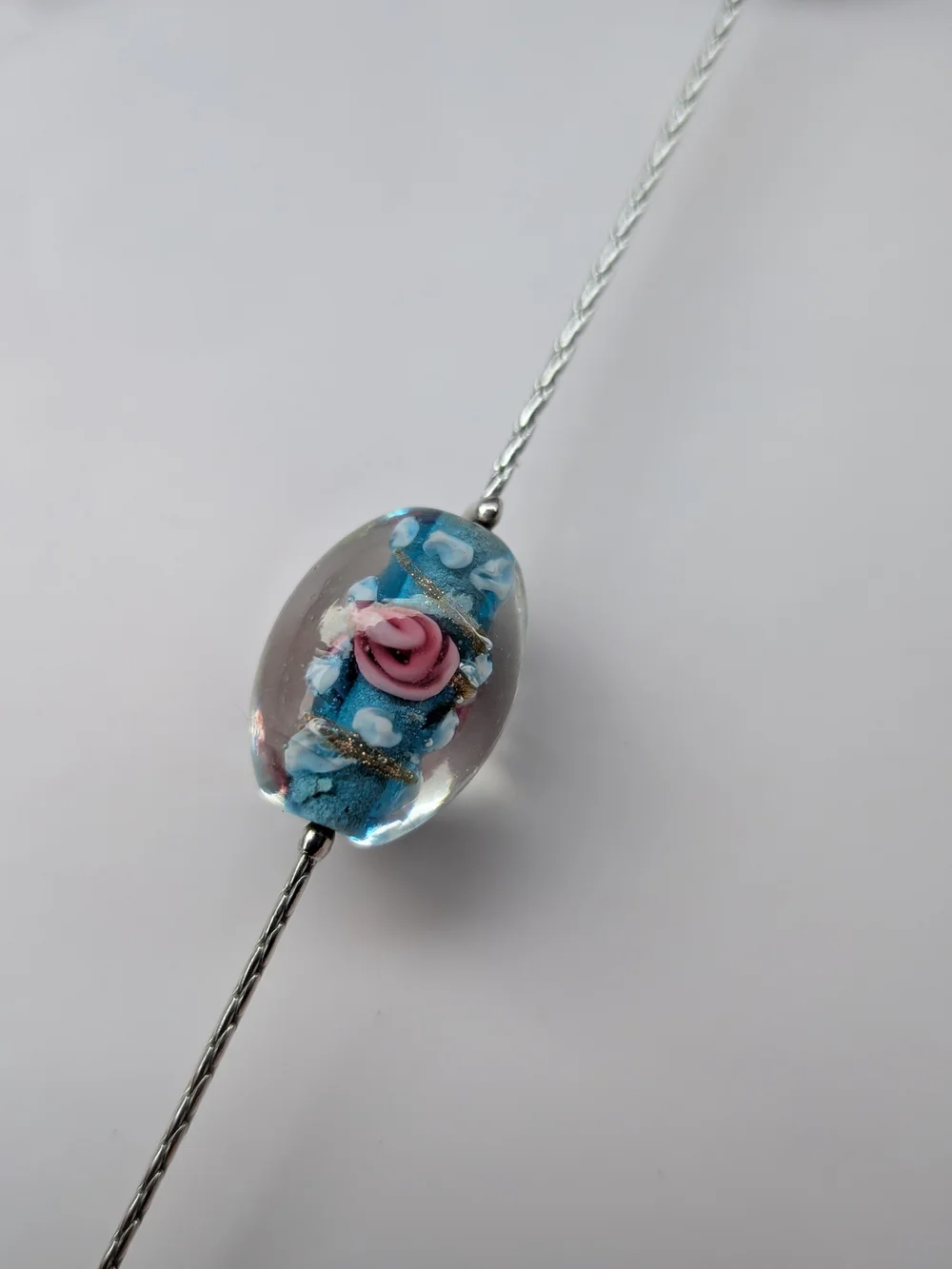 Cookie Lee Blue Lampwork Glass Beaded Station Necklace Floral Crystal - Picture 3 of 5